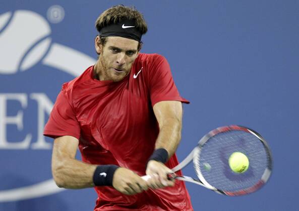Juan Martin Del Potro of Argentina hits a backhand in the second set of his quarterfinal match on day 11 in Arthur Ashe Stadium at the BillieJeanKing National Tennis Center in New York City on September 6, 2012.  NYP20120906148