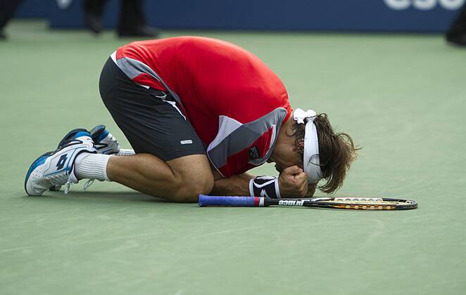 Sept. 6, 2012 - Flushing Meadow, Ny, USA - David Ferrer celebrates his 3-6, 7-6, 6-2, 3-6, 6-7 win in the quarterfinals during the US Open tennis tournament at the USTA BillieJeanKing National Tennis Center in Flushing Meadow, New York, Thursday, September 6, 2012. US Open tennis tournament - ZUMAm67