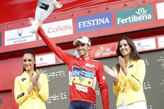 Alberto Contador with the red jersey of leader after the stage of La Vuelta 2012 beetwen Penafiel-La Lastrilla.September 7,2012.  (201209075384)