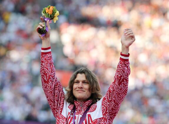 United Kingdom. London. 08 aug. 2012. Summer Olympic Games. Olympic Stadium. Athletics. Men s High Jump. Award ceremony. UKHOV Ivan (RUS) - Olympic Champion. 