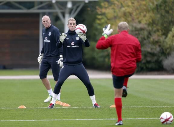 England s Joe Hart during training..England Training - London Colney- 11 10 12 - Picture David Klein Sportimage EDITORIAL USE ONLY. No use with unauthorised audio, video, data, fixture lists, club league logos or live services. Online in-match use limited to 120 images, no video emulation. No use in betting, games or single club league player publications.