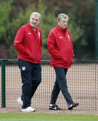 England s Sir Trevor Brooking and Roy Hodgson during training..England Training - London Colney- 11 10 12 - Picture David Klein Sportimage EDITORIAL USE ONLY. No use with unauthorised audio, video, data, fixture lists, club league logos or live services. Online in-match use limited to 120 images, no video emulation. No use in betting, games or single club league player publications.
