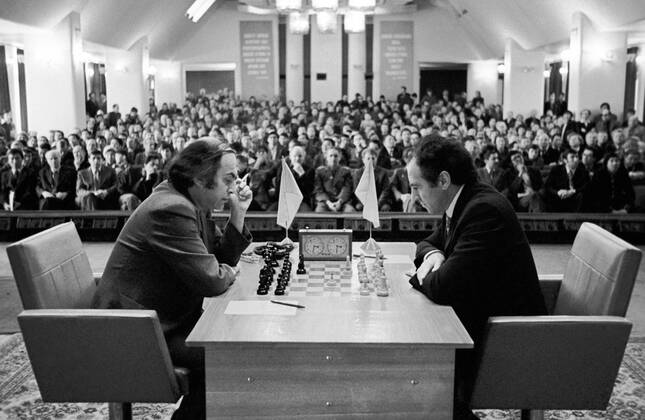 Mikhail Tal (L) and Lev Polugaevsky are pictured during a match.  TASS_1232712