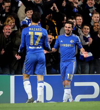 Chelsea s Juan Mata celebrates scoring his sides fifth goal..Chelsea v Nordsjaelland - Champions League League- Stamford Bridge, London- 5 12 12 - Picture David Klein Sportimage EDITORIAL USE ONLY. No use with unauthorised audio, video, data, fixture lists, club league logos or live services. Online in-match use limited to 120 images, no video emulation. No use in betting, games or single club league player publications.