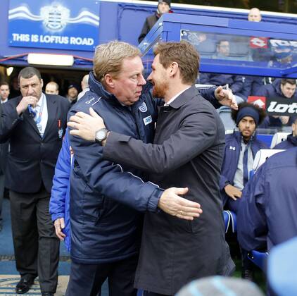 QPR s Harry Redknapp greets Tottenham s Andre Villas-Boas before kick-off.. QPR (Queens Park Rangers) - Tottenham Hotspur - Barclays Premier League - Loftus Road, London- 12 01 13 - EDITORIAL USE ONLY. No use with unauthorised audio, video, data, fixture lists, club league logos or live services. Online in-match use limited to 120 images, no video emulation. No use in betting, games or single club league player publications.