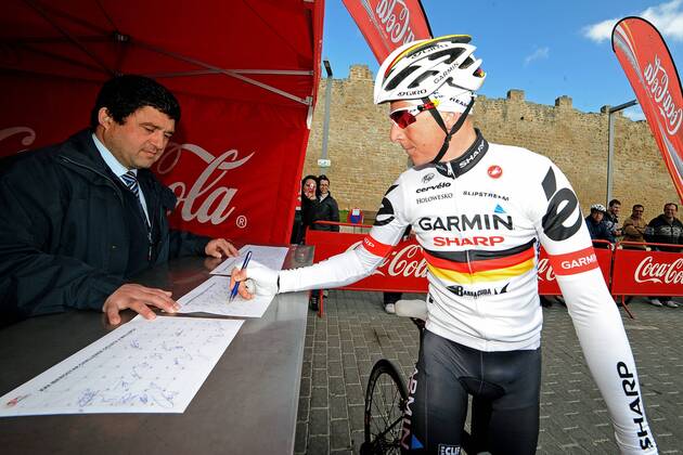 Fabian WEGMANN ( GER Garmin - Sharp ) bei der Einschreibung - Aktion - quer - Event: Mallorca Rundfahrt - Mallorca Challenge - Iberostar Challenge Ciclista Mallorca 2013 - Trofeo Alcudia - Playa de Muro Location: Mallorca - Spanien - Europa - Datum: 06.02.2013