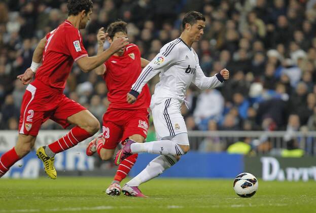 Madrid 09 02 2013. Football match between Real Madrid FC and FC Sevilla corresponding to the 23th day of the Spanish League, held at the Santiago Bernabeu stadium, in Madrid 02 09 2013. Cristiano Ronaldo score