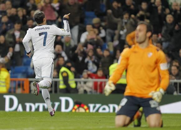Madrid 09 02 2013. Football match between Real Madrid FC and FC Sevilla corresponding to the 23th day of the Spanish League, held at the Santiago Bernabeu stadium, in Madrid 02 09 2013. Cristiano Ronaldo celebrate after scoring