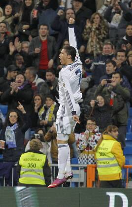 Madrid 09 02 2013. Football match between Real Madrid FC and FC Sevilla corresponding to the 23th day of the Spanish League, held at the Santiago Bernabeu stadium, in Madrid 02 09 2013. Cristiano Ronaldo celebrate after scoring