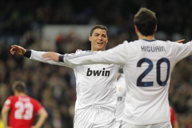 Madrid 09 02 2013. Football match between Real Madrid FC and FC Sevilla corresponding to the 23th day of the Spanish League, held at the Santiago Bernabeu stadium, in Madrid 02 09 2013. Cristiano Ronaldo celebrate his third goal after scoring