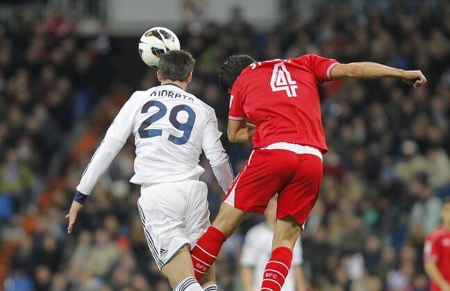 Madrid 09 02 2013. Football match between Real Madrid FC and FC Sevilla corresponding to the 23th day of the Spanish League, held at the Santiago Bernabeu stadium, in Madrid 02 09 2013. Emir Spahic vs Alvaro Morata