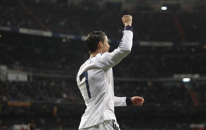 Madrid 09 02 2013. Football match between Real Madrid FC and FC Sevilla corresponding to the 23th day of the Spanish League, held at the Santiago Bernabeu stadium, in Madrid 02 09 2013. Cristiano Ronaldo celebrate after scoring