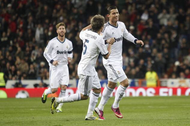 Madrid 09 02 2013. Football match between Real Madrid FC and FC Sevilla corresponding to the 23th day of the Spanish League, held at the Santiago Bernabeu stadium, in Madrid 02 09 2013. Cristiano Ronaldo celebrate after scoring
