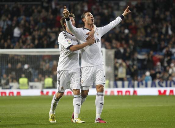 Madrid 09 02 2013. Football match between Real Madrid FC and FC Sevilla corresponding to the 23th day of the Spanish League, held at the Santiago Bernabeu stadium, in Madrid 02 09 2013. Cristiano Ronaldo celebrate after scoring