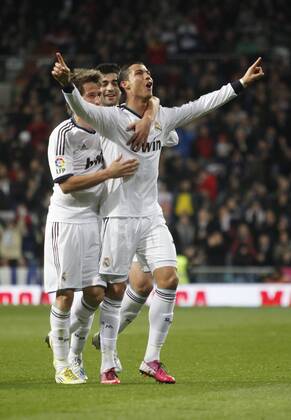 Madrid 09 02 2013. Football match between Real Madrid FC and FC Sevilla corresponding to the 23th day of the Spanish League, held at the Santiago Bernabeu stadium, in Madrid 02 09 2013. Cristiano Ronaldo celebrate after scoring