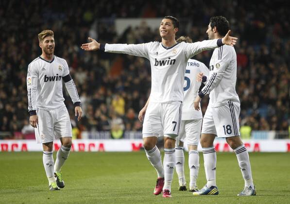 Madrid 09 02 2013. Football match between Real Madrid FC and FC Sevilla corresponding to the 23th day of the Spanish League, held at the Santiago Bernabeu stadium, in Madrid 02 09 2013. Cristiano Ronaldo celebrate after scoring