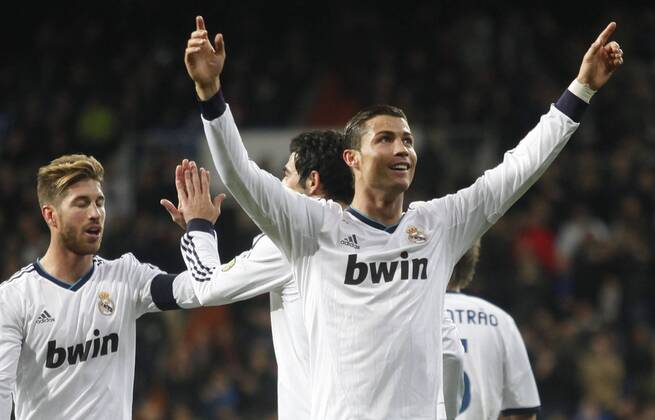 Madrid 09 02 2013. Football match between Real Madrid FC and FC Sevilla corresponding to the 23th day of the Spanish League, held at the Santiago Bernabeu stadium, in Madrid 02 09 2013. Cristiano Ronaldo celebrate after scoring