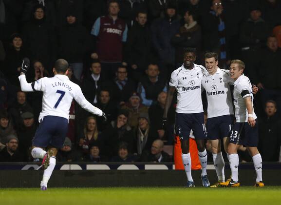 Tottenham s Gareth Bale celebrates scoring his sides opening goal..West Ham United v Tottenham Hotspur- Barclays Premier League - Upton Park, London- 25 02 13 - Picture David Klein Sportimage EDITORIAL USE ONLY. No use with unauthorised audio, video, data, fixture lists, club league logos or live services. Online in-match use limited to 120 images, no video emulation. No use in betting, games or single club league player publications.