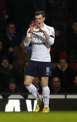 Tottenham s Gareth Bale celebrates scoring his sides opening goal..West Ham United v Tottenham Hotspur- Barclays Premier League - Upton Park, London- 25 02 13 - Picture David Klein Sportimage EDITORIAL USE ONLY. No use with unauthorised audio, video, data, fixture lists, club league logos or live services. Online in-match use limited to 120 images, no video emulation. No use in betting, games or single club league player publications.