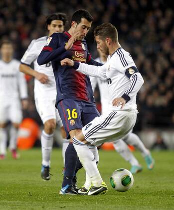 Copa del Rey. FC Barcelona vs Real Madrid. Sergio Busquets and Sergio Ramos.