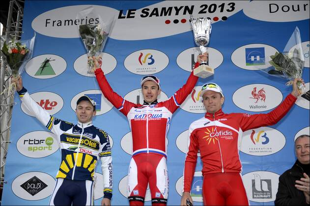 Podium : Kris Boeckmans (Belgium Team Vacansoleil - DCM) - Alexey Tsatevitch (Russia Team Katusha - Katuscha - Canyon) - Adrien Petit (France Team Cofidis) CYCLISME : Course - Le Samyn - 27 02 2013 PhotoNews Panoramic 
