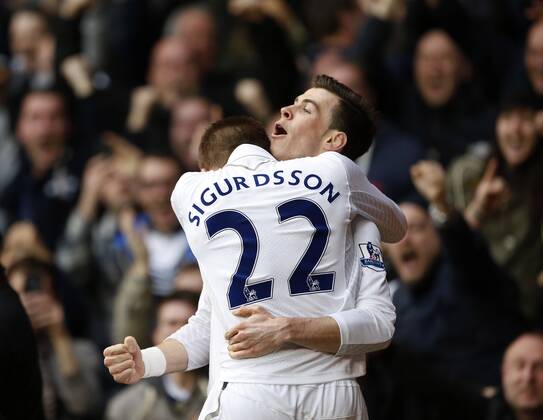 Tottenham s Gareth Bale celebrates scoring his sides opening goal..Tottenham Hotspur v Arsenal- Barclays Premier League - White Hart Lane, London- 3 03 13 - Picture David Klein Sportimage EDITORIAL USE ONLY. No use with unauthorised audio, video, data, fixture lists, club league logos or live services. Online in-match use limited to 120 images, no video emulation. No use in betting, games or single club league player publications.