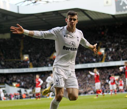 Tottenham s Gareth Bale celebrates scoring his sides opening goal..Tottenham Hotspur v Arsenal- Barclays Premier League - White Hart Lane, London- 3 03 13 - Picture David Klein Sportimage EDITORIAL USE ONLY. No use with unauthorised audio, video, data, fixture lists, club league logos or live services. Online in-match use limited to 120 images, no video emulation. No use in betting, games or single club league player publications.