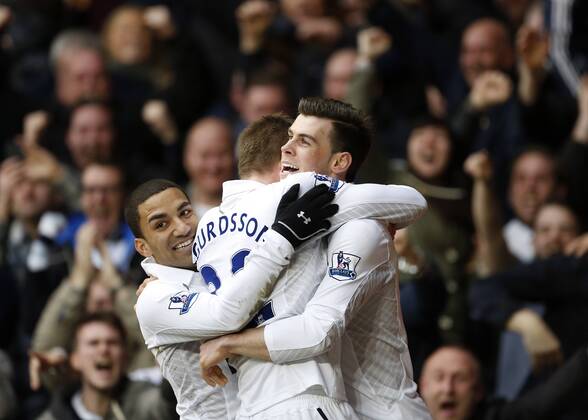 Tottenham s Gareth Bale celebrates scoring his sides opening goal..Tottenham Hotspur v Arsenal- Barclays Premier League - White Hart Lane, London- 3 03 13 - Picture David Klein Sportimage EDITORIAL USE ONLY. No use with unauthorised audio, video, data, fixture lists, club league logos or live services. Online in-match use limited to 120 images, no video emulation. No use in betting, games or single club league player publications.