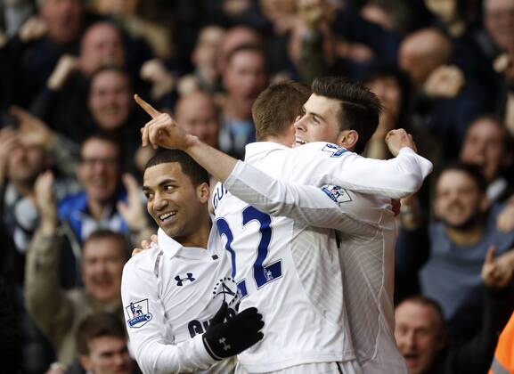 Tottenham s Gareth Bale celebrates scoring his sides opening goal..Tottenham Hotspur v Arsenal- Barclays Premier League - White Hart Lane, London- 3 03 13 - Picture David Klein Sportimage EDITORIAL USE ONLY. No use with unauthorised audio, video, data, fixture lists, club league logos or live services. Online in-match use limited to 120 images, no video emulation. No use in betting, games or single club league player publications.