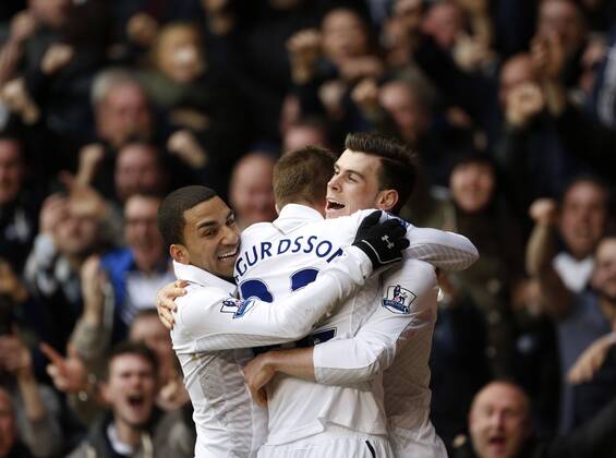 Tottenham s Gareth Bale celebrates scoring his sides opening goal..Tottenham Hotspur v Arsenal- Barclays Premier League - White Hart Lane, London- 3 03 13 - Picture David Klein Sportimage EDITORIAL USE ONLY. No use with unauthorised audio, video, data, fixture lists, club league logos or live services. Online in-match use limited to 120 images, no video emulation. No use in betting, games or single club league player publications.