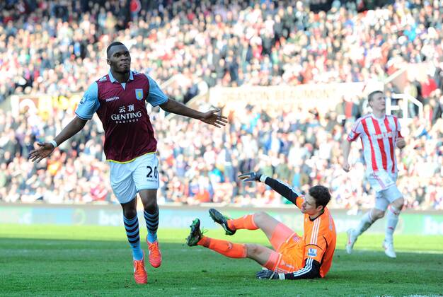 Christian Benteke of Aston Villa celebrates scoring the third goal - Barclays Premier League - Stoke City vs Aston Villa - Britannia Stadium - Stoke on Trent - England - 06 04 13 - Picture Simon Bellis Sportimage EDITORIAL USE ONLY. No use with unauthorised audio, video, data, fixture lists, club league logos or live services. Online in-match use limited to 120 images, no video emulation. No use in betting, games or single club league player publications.