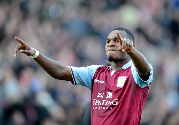 Christian Benteke of Aston Villa celebrates scoring the third goal - Barclays Premier League - Stoke City vs Aston Villa - Britannia Stadium - Stoke on Trent - England - 06 04 13 - Picture Simon Bellis Sportimage EDITORIAL USE ONLY. No use with unauthorised audio, video, data, fixture lists, club league logos or live services. Online in-match use limited to 120 images, no video emulation. No use in betting, games or single club league player publications.