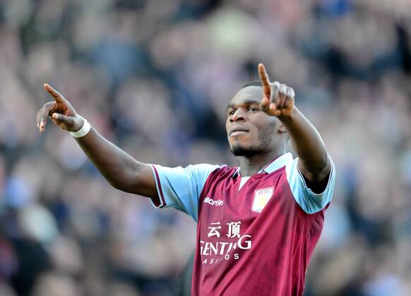Christian Benteke of Aston Villa celebrates scoring the third goal - Barclays Premier League - Stoke City vs Aston Villa - Britannia Stadium - Stoke on Trent - England - 06 04 13 - Picture Simon Bellis Sportimage EDITORIAL USE ONLY. No use with unauthorised audio, video, data, fixture lists, club league logos or live services. Online in-match use limited to 120 images, no video emulation. No use in betting, games or single club league player publications.