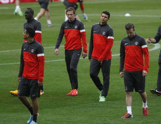 Barcelona, Camp Nou april 9. David Beckham (R) and Thiago Silva (2.R) Paris Saint Germain training before the match in Champions League 
