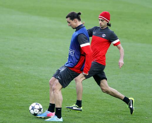 Barcelona, Camp Nou april 9. Zlatan Ibrahimovic (L) - Javier Pastore Paris Saint Germain training before the match in Champions League 