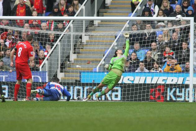 Football - 2012 2013 Premier League - Reading vs. Liverpool Readings Alex McCarthy pulls of a fine save from Steven Gerrard of Liverpool at the Madejski Stadium Reading 