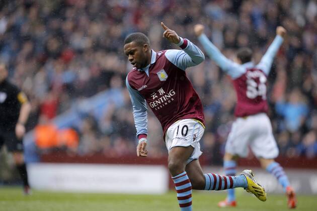 Charles Nzogbia of Aston Villa celebrates scoring the first goal of the game - Aston Villa vs FC Fulham - Barclays Premiership - Villa Park Birmingham - Season 12 13 - 13 4 13. EDITORIAL USE ONLY. No use with unauthorised audio, video, data, fixture lists, club league logos or live services. Online in-match use limited to 120 images, no video emulation. No use in betting, games or single club league player publications.