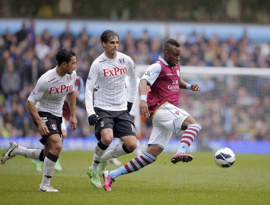 Yacouba Sylla of Aston Villa runs at the Fulham defence - - Aston Villa vs FC Fulham - Barclays Premiership - Villa Park Birmingham - Season 12 13 - 13 4 13. EDITORIAL USE ONLY. No use with unauthorised audio, video, data, fixture lists, club league logos or live services. Online in-match use limited to 120 images, no video emulation. No use in betting, games or single club league player publications.