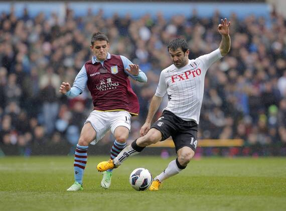Ashley Westwood of Aston Villa (left) competes with Giorgos Karagounis of Fulham - Aston Villa vs FC Fulham - Barclays Premiership - Villa Park Birmingham - Season 12 13 - 13 4 13. EDITORIAL USE ONLY. No use with unauthorised audio, video, data, fixture lists, club league logos or live services. Online in-match use limited to 120 images, no video emulation. No use in betting, games or single club league player publications.