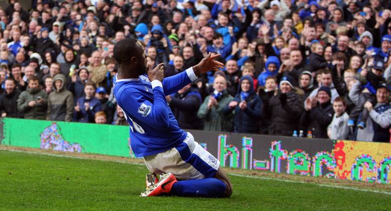 Everton s VictorAnichebe celebrates the 2nd goal of the game-- Barclays Premier League - FC Everton vs Queens Park Rangers QPR - Goodison Park -Liverpool- 13th April 2013 - EDITORIAL USE ONLY. No use with unauthorised audio, video, data, fixture lists, club league logos or live services. Online in-match use limited to 120 images, no video emulation. No use in betting, games or single club league player publications.