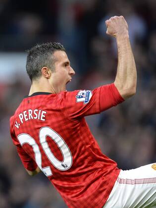 Robin van Persie of Manchester United celebrates scoring the first goal - Barclays Premier League - Manchester Utd ManU vs Aston Villa - Old Trafford Stadium - Manchester - 22 04 13 - EDITORIAL USE ONLY. No use with unauthorised audio, video, data, fixture lists, club league logos or live services. Online in-match use limited to 120 images, no video emulation. No use in betting, games or single club league player publications.