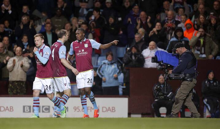 Christian Benteke of Aston Villa celebrates scoring his first goal - Barclays Premier League - Aston Villa vs Sunderland - Villa Park Birmingham - Season 12 13 - 29th April 2013 - Picture Malcolm Couzens Sportimage EDITORIAL USE ONLY. No use with unauthorised audio, video, data, fixture lists, club league logos or live services. Online in-match use limited to 120 images, no video emulation. No use in betting, games or single club league player publications.