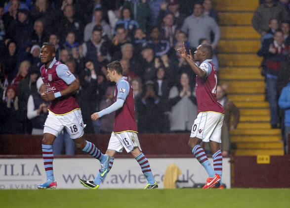 Christian Benteke of Aston Villa celebrates scoring - Barclays Premier League - Aston Villa vs Sunderland - Villa Park Birmingham - Season 12 13 - 29th April 2013 - Picture Malcolm Couzens Sportimage EDITORIAL USE ONLY. No use with unauthorised audio, video, data, fixture lists, club league logos or live services. Online in-match use limited to 120 images, no video emulation. No use in betting, games or single club league player publications.