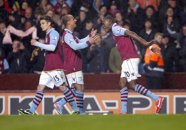 Christian Benteke of Aston Villa celebrates scoring with Gabriel Agbonlahor - Barclays Premier League - Aston Villa vs Sunderland - Villa Park Birmingham - Season 12 13 - 29th April 2013 - Picture Malcolm Couzens Sportimage EDITORIAL USE ONLY. No use with unauthorised audio, video, data, fixture lists, club league logos or live services. Online in-match use limited to 120 images, no video emulation. No use in betting, games or single club league player publications.