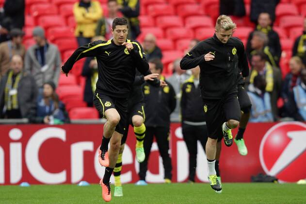 Robert LEWANDOWSKI (Borussia Dortmund - BVB - 9) - Marco REUS (Borussia Dortmund - BVB - 11) beim Abschlusstraining des BVB Borussia Dortmund EP_GST
