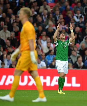 Shane Long of Ireland celebrates scoring the first goal - International Friendly - England vs Republic of Ireland - Wembley Stadium - London - England - 29 05 13 - Picture Simon Bellis Sportimage EDITORIAL USE ONLY. No use with unauthorised audio, video, data, fixture lists, club league logos or live services. Online in-match use limited to 120 images, no video emulation. No use in betting, games or single club league player publications.
