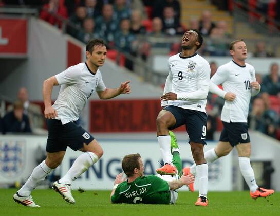 Daniel Sturridge of England pulls up following a clash with Glenn Whelan of Ireland - International Friendly - England vs Republic of Ireland - Wembley Stadium - London - England - 29 05 13 - Picture Simon Bellis Sportimage EDITORIAL USE ONLY. No use with unauthorised audio, video, data, fixture lists, club league logos or live services. Online in-match use limited to 120 images, no video emulation. No use in betting, games or single club league player publications.