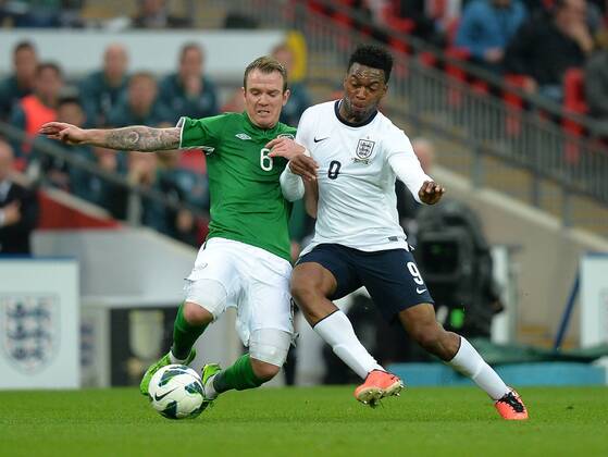 Daniel Sturridge of England tussles with Glenn Whelan of Ireland- International Friendly - England vs Republic of Ireland - Wembley Stadium - London - England - 29 05 13 - Picture Simon Bellis Sportimage EDITORIAL USE ONLY. No use with unauthorised audio, video, data, fixture lists, club league logos or live services. Online in-match use limited to 120 images, no video emulation. No use in betting, games or single club league player publications.