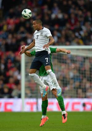 Theo Walcott of England leaps high to win the ball - International Friendly - England vs Republic of Ireland - Wembley Stadium - London - England - 29 05 13 - Picture Simon Bellis Sportimage EDITORIAL USE ONLY. No use with unauthorised audio, video, data, fixture lists, club league logos or live services. Online in-match use limited to 120 images, no video emulation. No use in betting, games or single club league player publications.