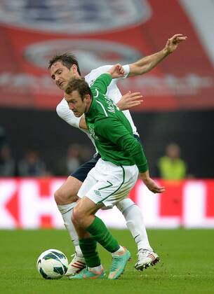 Frank Lampard of England looses out to Aiden McGready of Ireland - International Friendly - England vs Republic of Ireland - Wembley Stadium - London - England - 29 05 13 - Picture Simon Bellis Sportimage EDITORIAL USE ONLY. No use with unauthorised audio, video, data, fixture lists, club league logos or live services. Online in-match use limited to 120 images, no video emulation. No use in betting, games or single club league player publications.
